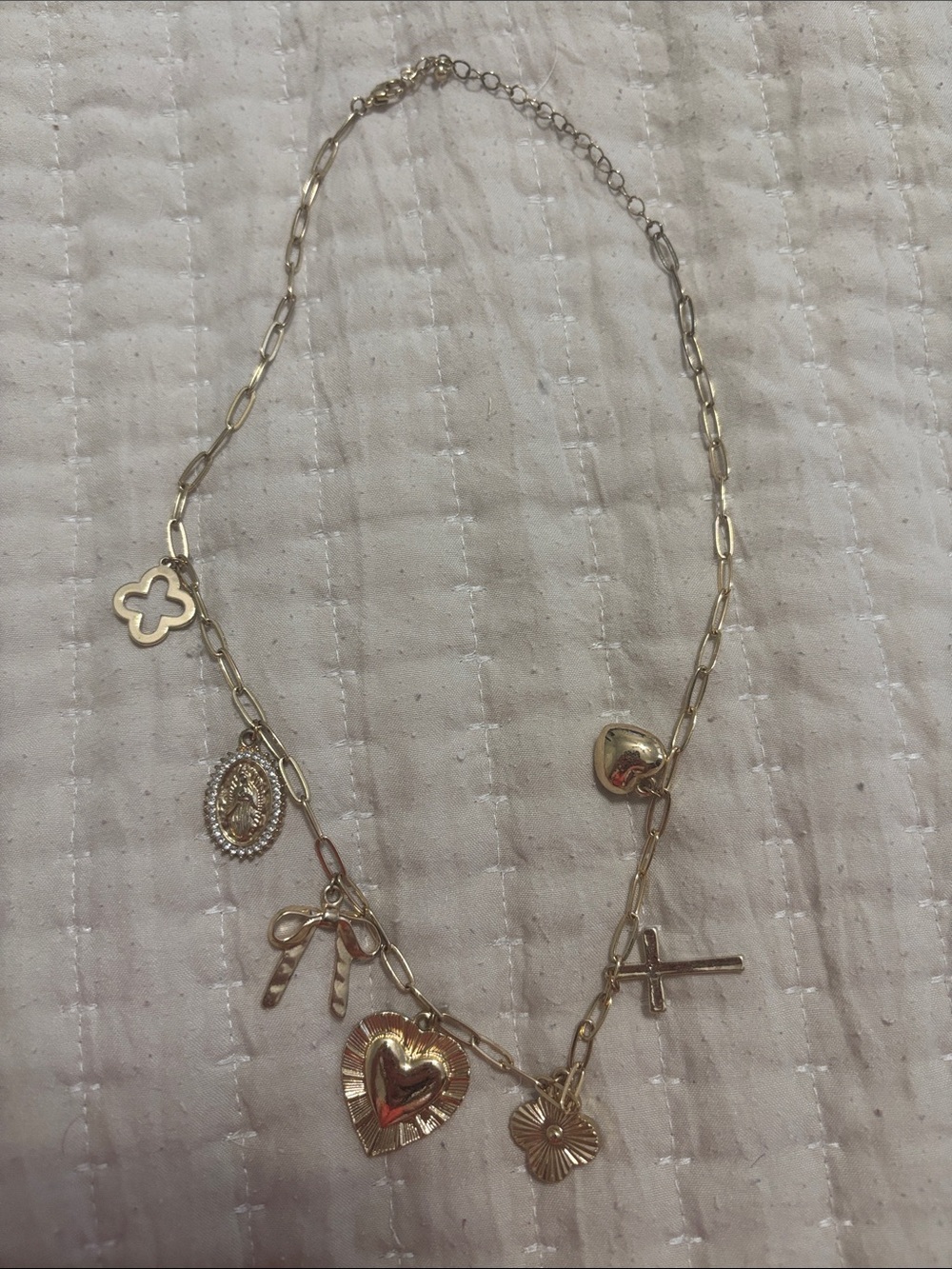 Gold Charm Necklace with Heart & Cross Charms